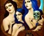 Placeholder: Very sensual gorgeous "Las tres gracias" Post modern art. 3 young white woman brunette hair maiden dressed in blue posing sensually with plaits, and with a skull in her hand, background of ancient marble Roman arcs heavenly sunshine beams divine bright soft focus holy in the clouds steampunk engine.