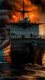 Placeholder: ,surrealism of the dark of a nightmare , hyper photorealistic, hyper detailed dark art color, high resolution, fog, octane render, tilt shift, HDRI Environment, all pictures dark gray, a submarine on fire