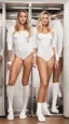 Placeholder: three athletic blonde women in white cotton leotard in the locker room, they stand in white wool socks