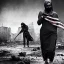 Placeholder: women, faces covered in black masks, ragged clothes, holding flag, war-torn, destroyed city in the background, 8k resolution, hyperrealistic, detailed matte painting, b&w, dynamic lighting, war, anarchy, terrorists