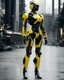 Placeholder: length image full body photo humanoid woman mechanical bLack and yellow inspired design by bumble bee transformer robot sense of luxury technology future