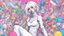 Placeholder: create a woman with white hair wearing tight white clothes, full body , sitting, and lots of objects around her art, anime art, anime girl, person, colorful anime art, person, in the style of distorted and grotesque, contemporary candy-coated, clownpunk, skeletal, smilecore, bombacore, digital neo-expressionism, sakimi chan, --ar 14:25