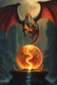 Placeholder: a dragon with huge wings attack a magic orb full of dragon fire. perfectly drawn claws. fantasy setting. . style of Fran frazetta