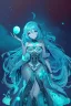 Placeholder: A beautiful girl with glowing starry eyes. And with turquoise hair decorated. And full body. Holds 10 glowing glass beads with a moon inside