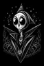 Placeholder: tim burton's jack skellington in a black hooded cloak drawn in a retro mascot style, inside a diamond shape on a black background, monochromatic