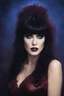 Placeholder: head and shoulders portrait - Elvira, Mistress of the dark, black dress - 32k, UHD, 1080p, 8 x 10, glossy professional quality digital photograph - dark blue and dark red, and light maroon and purple and foggy black gradated background, historic, powerful, octane rendering, exquisite detail, 30 - megapixel, 4k, 85 - mm - lens, sharp - focus, intricately - detailed, long exposure time, f8, ISO 100, shutter - speed 1125, diffuse - back - lighting, ((skin details, high detailed skin texture)),