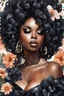 Placeholder: Create an watercolor image of a curvy black female wearing a black off the shoulder blouse and she is looking down with Prominent makeup. Highly detailed tightly curly black afro. Background of large black flowers surrounding her