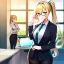 Placeholder: Clear focus, 8k, beautiful lighting, vibrant colors, girl, golden hair, long hair, vibrant green eyes, ponytail, office clothes, green glasses, black stockings,