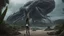 Placeholder: Detailed matte painting of a wide-angle shot of a woman, standing on the right side of an alien beach, with dark hair in a silver robotic catsuit, many large floating creatures with shells and long tentacles, alien jungle trees in the distance