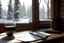 Placeholder: an anime style note on a wooden table with a snowy window in the background