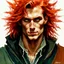 Placeholder: dnd, fantasy, watercolour, stylistic, portrait, illustration, dull colours, male, face, narrow face, green eyes, determined, happy, red hair, very long hair, radiating light, five o'clock shadow