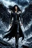 Placeholder: Badass fallen angel, attractive man with long black hair, dark leather cloth, boots, high quality, detailed, cinematic. digital art, fantasy, sci-fi, storm, masterpiece