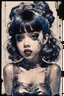 Placeholder: Poster in two gradually, a one side the Singer Melanie Martinez face, full body, sit pose, painting by Yoji Shinkawa, darkblue and sepia tones,sinister, detailed iridescent, metallic, translucent, dramatic lighting, hyper futuristic, digital art, shot with Sony Alpha a9 Il and Sony FE 200-600mm f/5.6-6.3 G OSS lens, natural light, hyper realistic photograph, ultra detailed -ar 3:2 -q 2 -s 750,malevolent goth vampire girl face and other side