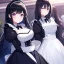 Placeholder: Clear focus,High resolution, black long fluffy hair, long fluffy bangs, purple eyes, wearing a maid outfit but instead of a long dress she is wearing puffy shorts