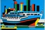 Placeholder: A blue cruise ship on a bay painted by Stuart Davis