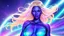 Placeholder: Full body portrait of a peaceful smiling gorgeous blonde Goddess of the galaxies with a blue indigo purple skin, high skul, luminous eyes in a galactic sunset