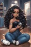 Placeholder: Create a futurism magna art of a black chibi curvy female sitting on the floor looking at herself in a hand mirror. She is wearing tight blue jeans and a black off the shoulder blouse. Prominent make up with lush lashes. Highly detailed long wavy hair. She is also wearing silver large hoop earringsart of a black chibi curvy female sitting on the floor looking at her cell phone. She is wearing tight blue jeans and a black off the shoulder blouse. Prominent make up with lush lashes.