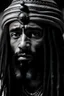 Placeholder: show me a black and white image of a black jesus with dreads and a beard on the cross