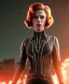 Placeholder: retro sci-fi portrait image from 1960, supermarket parking explosion, fire, classic black widow, young Scarlett Johansson, tight lycra suit, soft color, highly detailed, unreal engine 5, ray tracing, RTX, lumen lighting, ultra detail, volumetric lighting, 3d, finely drawn, high definition, high resolution.