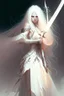 Placeholder: Warrior, wielding a long sword, in a white dress, white hair, long hair, cybernetic eyes, standing in mists, Female, dark art, Ivory Peach skin, cute