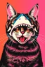Placeholder: cat with shark mask in the style of warhol
