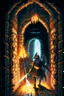 Placeholder: A frightening castle dungeon hallway with an evil knight warrior in rusty chainmail holding a burning torch painterly rpg art