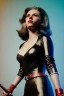 Placeholder: retro portrait image from 1960, explosion, long hair, young Scarlett Johansson, classic black tight lycra suit, metal stick weapon, gold bracelet and belt, high heel boots, soft color, highly detailed, unreal engine 5, ray tracing, RTX, lumen lighting, ultra detail, volumetric lighting, 3d, finely drawn, high definition, high resolution.