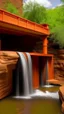 Placeholder: An orange colored waterfall with a watering hole painted by Frank Lloyd Wright
