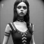 Placeholder: Jenna ortega black dress,soft goth libstick, wednesday addams family make up, brad double wig, addams family style, highly detailed, volumetric lighting, unreal engine, 8k