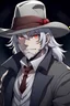 Placeholder: Anime male that is a vampire hunter with white hair with a fedora.