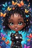 Placeholder: A sassy futurism ABSTRACT colorful art cartoon black chibi girl LOOKING DOWN, surrounded by colorful BUTTERFLIES. Looking up coyly, she grins widely, showing her platinum and diamond cap teeth. Highly detailed black shiny dread locs , regal expression.