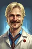 Placeholder: Mid-thirties, Caucasian male doctor, kind smile, blonde hair (slightly disheveled) thick blonde mustache, pale blue eyes, broad shoulders, muscular, six foot, Hawaiian shirt under white lab coat (with blood stains around the edges) , Strong Jaw line, encroaching shadowy tendrils, photo realistic, fantasy