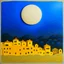 Placeholder: Village with moon, solchi e rilievi, blue, golden, pointillism decal bas-relief materic, René Magritte