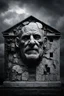 Placeholder: surrealis monochrome A fragmented, surreal sculpture liguid color of photorealistic image 3d,psychedelic art of an old man face glossy emerging from dreamlike a crumbling building. The face appears pale with deep cracks and intricate details, evoking a haunting expression. Blackened, set against a backdrop of stormy, cloud-filled skies. bauhaus art The overall tone is dark and moody, suggesting themes of decay and transformation. Include