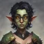 Placeholder: dnd, portrait of cute young orc-elf hybrid femboy, black hair, short hair curled hair, hair covering one eye, round glasses, tusks, sharp teeth, yellow eyes, flat chest, mage, magic, nose ring, pierced ears