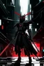 Placeholder: samurai robot in black cloak in a cyberpunk environment and big blood sword anime