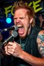Placeholder: A very angry and bitter punk rocker screaming at microphone, very aggresive image in a club house, his name i FOLKE, and the name FOLKE in background