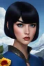 Placeholder: Werewolf - head - Planet of the Werewolves - black hair, Deep Blue Eyes - head and shoulders portrait - Lenna, part wolf, part human, short, bowl-cut, straight black hair, the bangs cut straight across the forehead, she resembles a wolf, and she resembles Spock - Mountains, blue skies, clouds, red roses, blue roses, yellow roses, honeysuckle roses, carnations, lilacs, professional quality, 32k, UHD, glossy, 1080p, Extremely high resolution Digital photograph, reality