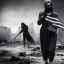 Placeholder: women, faces covered in black masks, ragged clothes, holding flag, war-torn, destroyed city in the background, 8k resolution, hyperrealistic, detailed matte painting, b&w, dynamic lighting, war, anarchy, terrorists