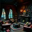 Placeholder: Detailed creepy living-room made of modeling clay, haunted, very accentuated details, Tim Burton, strong texture, extreme detail, Max Ernst, decal, rich moody colors, sparkles, René Magritte, bokeh, odd