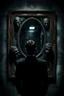 Placeholder: the camera see a man and mirror, the man see yourself or others in mirror, surreal mood, cracked glass, metal, cold and dark colors, nightmare, other side, monster, shadows, sinister, dark dream, high detailed, sharp focus, masterpiece