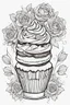 Placeholder: create a outlined coloring page of a smiling cup cake. Pay attention to the details of the faces and flowers and the emotions conveyed by the couple. White background, sketch style, half of body, use outline, Mandala style, clean line art, no shadows, no coloring, no shading, no grey.