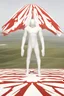 Placeholder: Giant massive huge in stature, majestic entity, hovering and floating over a large field landscape. the entity wears a white and red draped fabric that has printed on the material resembling stars. the fabric has also technological elements. you can see how big it is compared to a tiny human standing in front of it
