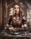 Placeholder: Front view half body gorgeous Realistic Photography beautiful super model Russian as playing Dj player with body full steampunk Victorian cyborg realistic beautiful woman hyper detailed