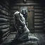 Placeholder: in the middle of a wooden hut an pale gray body hair pregnant anthropomorphic wolf woman creature kneeling, crying and covering eyes with her pawes, in background in the door stands dark gray body hair anthropomorphic wolfman and looking the female wolf. high contrast, high detalied, high realistic, sharp focus. The atmosphere is a seamless blend of sci-fi, dark fantasy