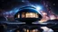 Placeholder: futuristic unique house flotaing in space in outer space in a star nebula, streamlined futuristic spaceship floating in front, nebula behind, stars, tiny planets in the distance, dark blue deep space Professional photography, bokeh, natural lighting, canon lens, shot on dslr 64 megapixels sharp focus, stunnig, cinematic