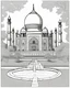 Placeholder: a coloring book, coloring page, depicting the Taj Mahal, with a scene of trees and a pool in front, monochrome, highly defined, white background, empty background, simple outlines