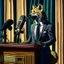 Placeholder: Hyena in a suit and tie, as an announcer sitting at the transmission table with a microphone presenting a newscast. Sandro Botticelli style. Ultra quality