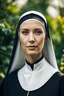Placeholder: Close up portrait of a beautiful nun ,garden in background, RAW foto, natural vivid colors, dynamic light and shadow, very detailed scene with intricate details,