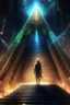 Placeholder: glitter in the air, portrait of Nyarlathotep from Cthulhu mythos walking down stairs, stars shining, Egyptians with the hair standing straight up in front of pyramid of Babel. 4 k, down light, depth of field, trending art, spray paint, high detail, fantasy art, alien connection, future tech, boxes